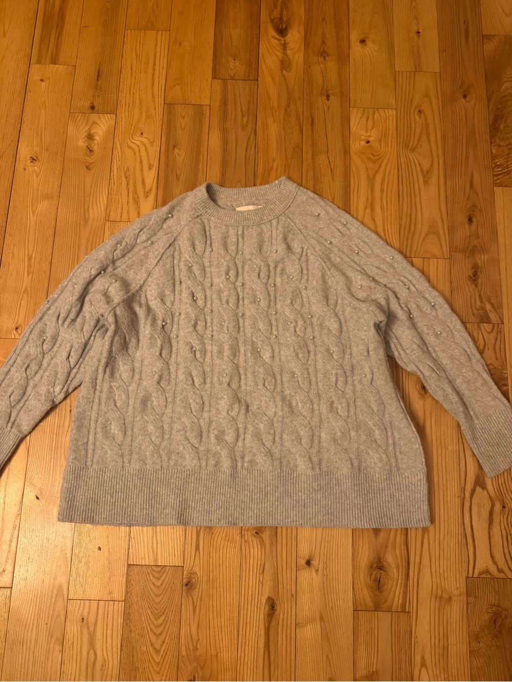 aerie UnReal Light Gray Cable Knit Crewneck Sweater with Bead Detail